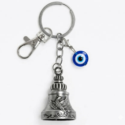 OTTAVO Premium Guardian Bell Keychain for Bike & Car | Tibetan Texture Bell Keychain with Evil Eye & Silver Hook | Good Luck Charm with Laser-Engraved Wooden Gift Box (Antique Silver)