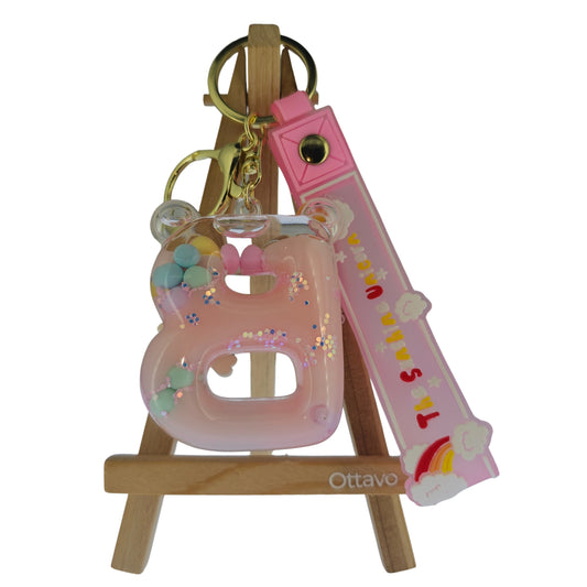 OTTAVO Unicorn Theme Alphabet Letter Glitter Keychain, PVC Water Globe Design, Decorative Bag Charm and Key Ring (Alphabet Letter B)