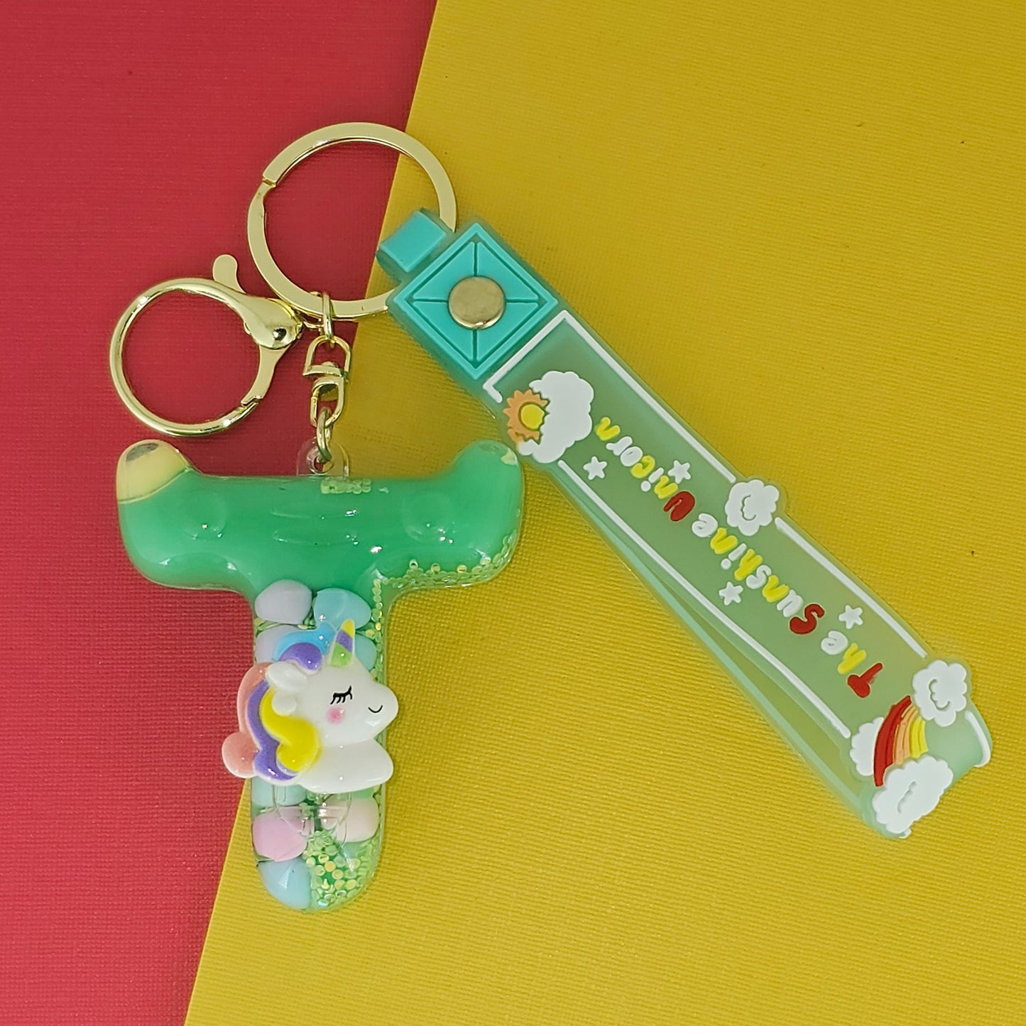 OTTAVO Unicorn Theme Alphabet Letter Glitter Keychain, PVC Water Globe Design, Decorative Bag Charm and Key Ring (Alphabet Letter T)