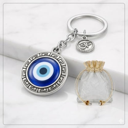OTTAVO Evil Eye Keychain, Blue Nazar Talisman with Eye of Horus Charm, Greek Key Border, Antique Finish, Metal Key Ring with Premium Mesh Gift Pouch and corrugated box
