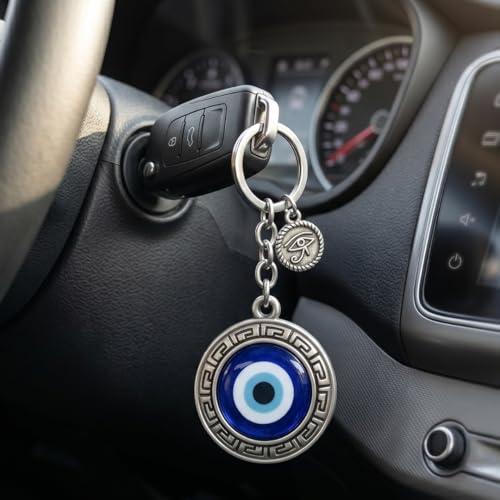 OTTAVO Evil Eye Keychain, Blue Nazar Talisman with Eye of Horus Charm, Greek Key Border, Antique Finish, Metal Key Ring with Premium Mesh Gift Pouch and corrugated box