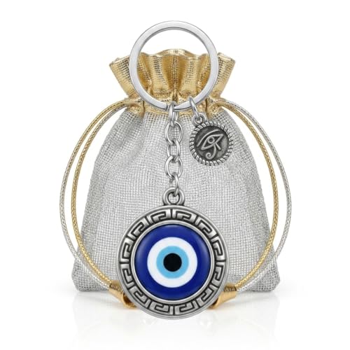 OTTAVO Evil Eye Keychain, Blue Nazar Talisman with Eye of Horus Charm, Greek Key Border, Antique Finish, Metal Key Ring with Premium Mesh Gift Pouch and corrugated box