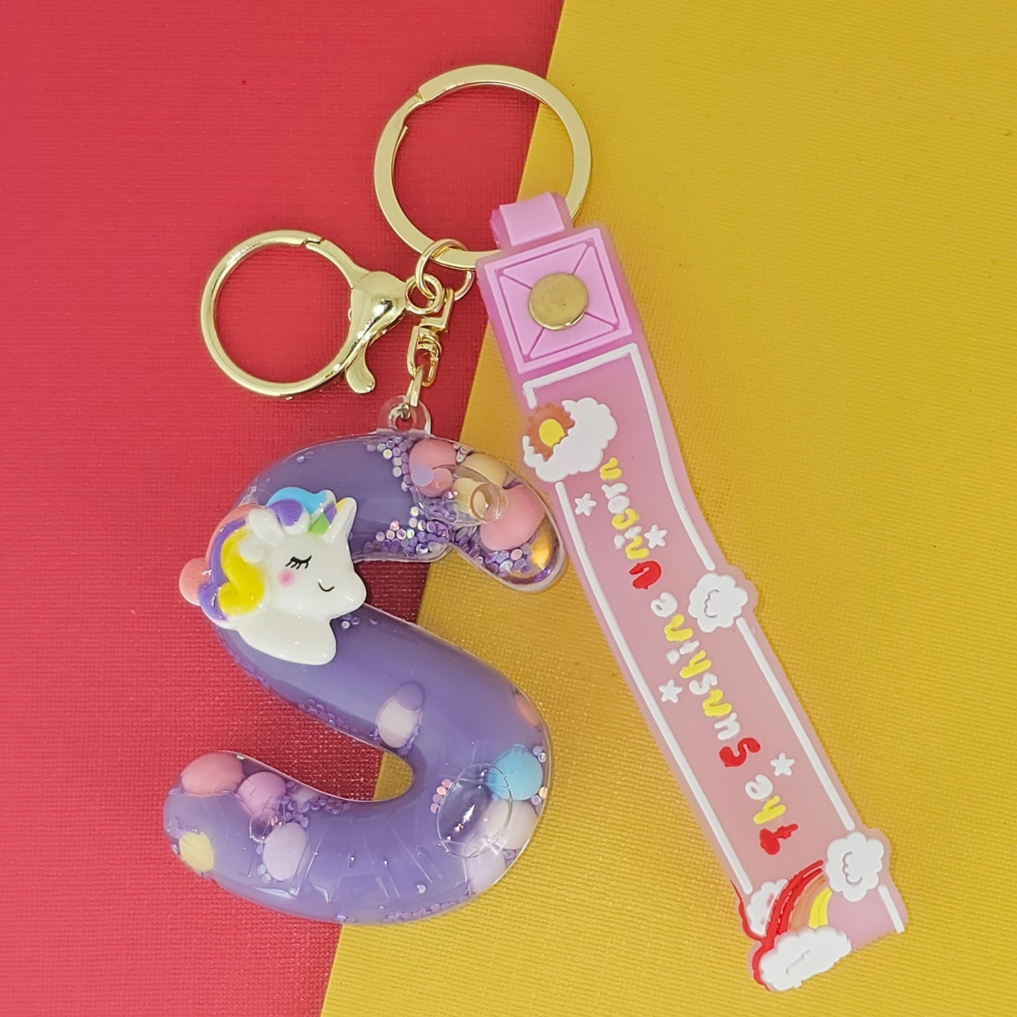 OTTAVO Unicorn Theme Alphabet Letter Glitter Keychain, PVC Water Globe Design, Decorative Bag Charm and Key Ring (Alphabet Letter S)