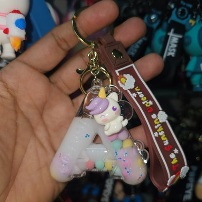OTTAVO Unicorn Theme Alphabet Letter Glitter Keychain, PVC Water Globe Design, Decorative Bag Charm and Key Ring (Alphabet Letter A)