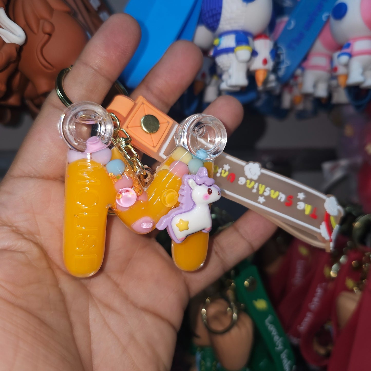OTTAVO Unicorn Theme Alphabet Letter Glitter Keychain, PVC Water Globe Design, Decorative Bag Charm and Key Ring (Alphabet Letter M)