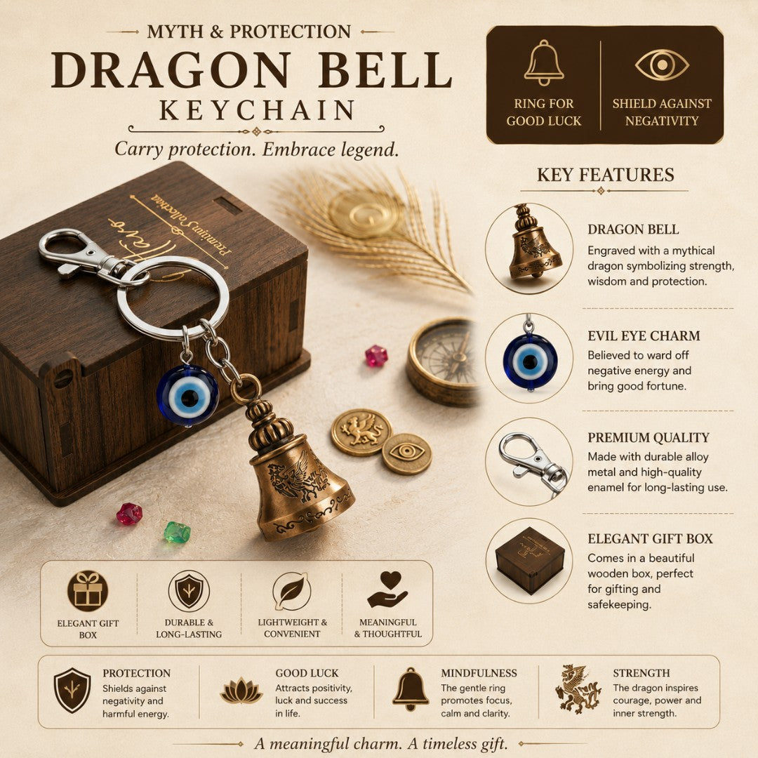 OTTAVO Guardian Bell Keychain for Bike & Car | Tibetan Texture Bell Keychain with Evil Eye & Silver Hook | Good Luck Charm with Laser-Engraved Wooden Gift Box (Dragon Antique Copper)