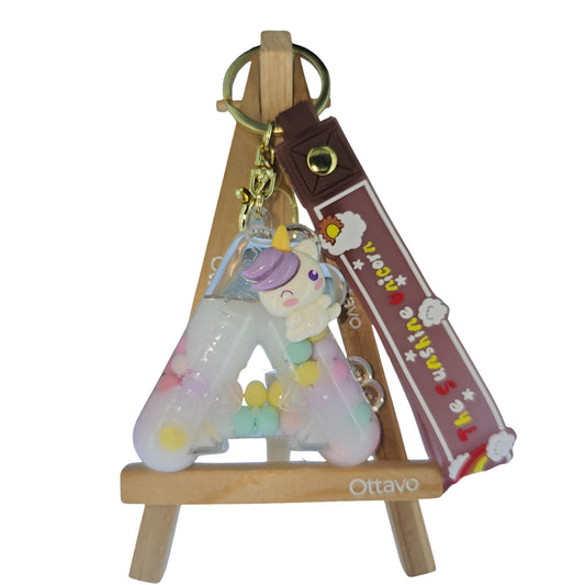 OTTAVO Unicorn Theme Alphabet Letter Glitter Keychain, PVC Water Globe Design, Decorative Bag Charm and Key Ring (Alphabet Letter A)