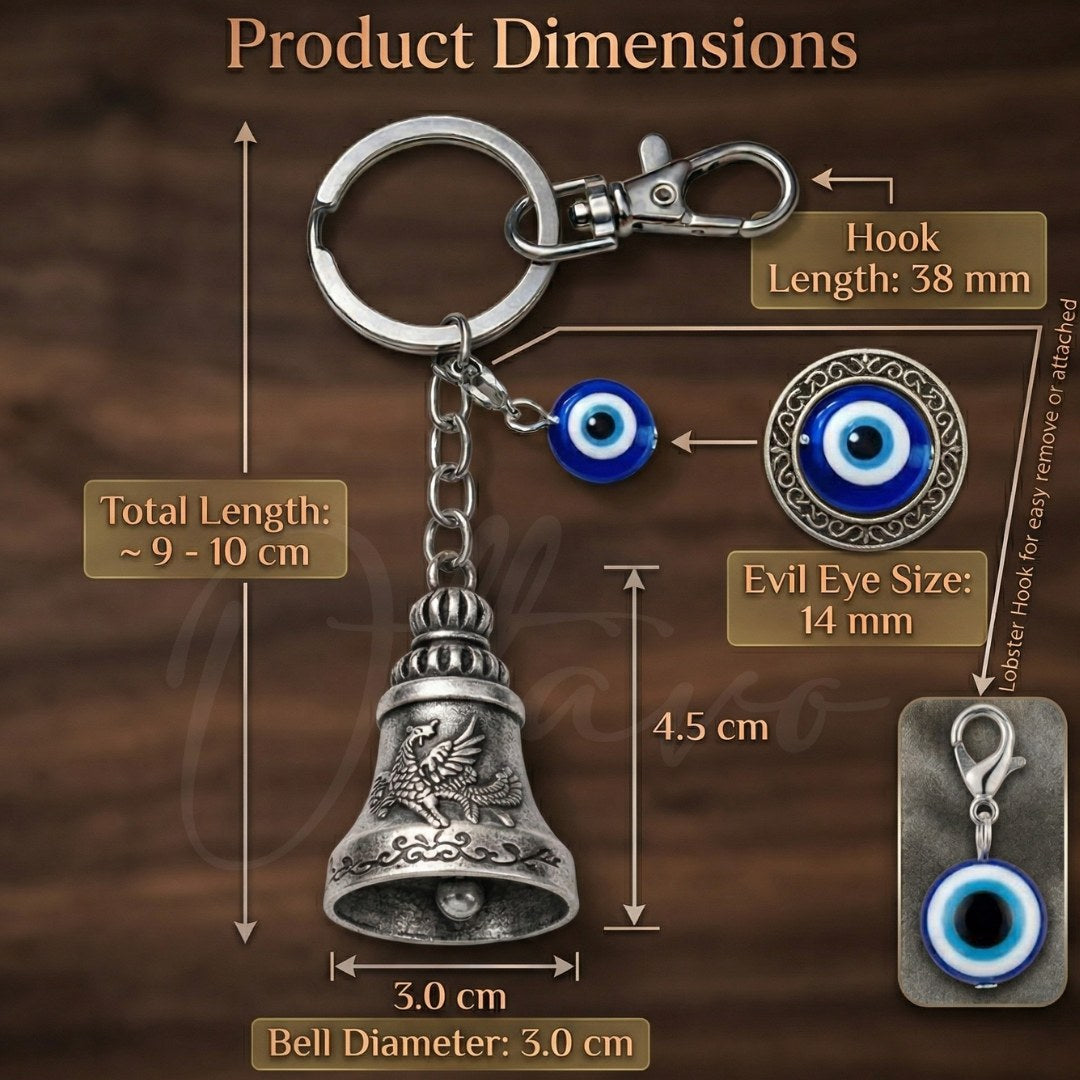 OTTAVO Premium Guardian Bell Keychain for Bike & Car | Tibetan Texture Bell Keychain with Evil Eye & Silver Hook | Good Luck Charm with Laser-Engraved Wooden Gift Box (Antique Silver)