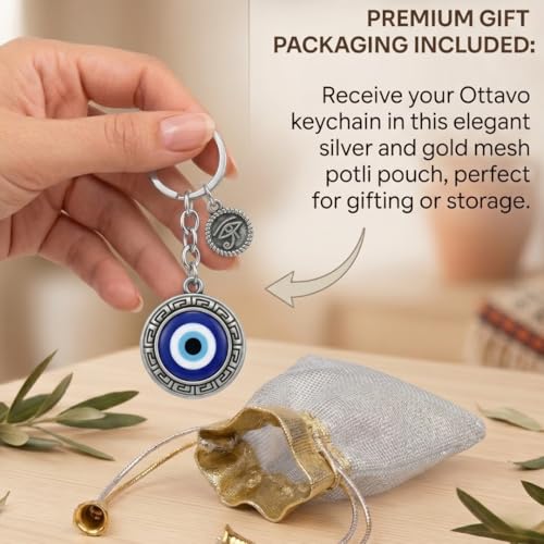OTTAVO Evil Eye Keychain, Blue Nazar Talisman with Eye of Horus Charm, Greek Key Border, Antique Finish, Metal Key Ring with Premium Mesh Gift Pouch and corrugated box