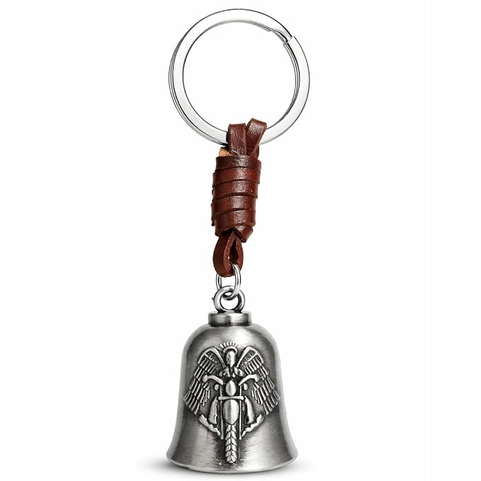 OTTAVO Leather Keychain with Guardian Bell, Winged Biker Embossed Design,Biker Bell Key Holder for Protection and Gift | Good Luck Charm with Laser-Engraved Wooden Gift Box