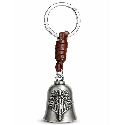 OTTAVO Leather Keychain with Guardian Bell, Winged Biker Embossed Design,Biker Bell Key Holder for Protection and Gift | Good Luck Charm with Laser-Engraved Wooden Gift Box
