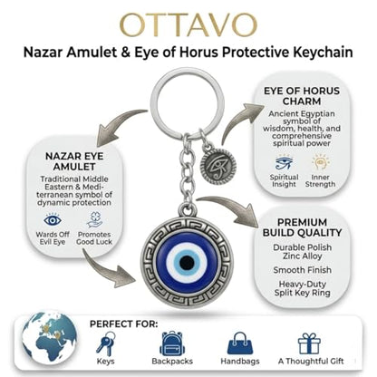 OTTAVO Evil Eye Keychain, Blue Nazar Talisman with Eye of Horus Charm, Greek Key Border, Antique Finish, Metal Key Ring with Premium Mesh Gift Pouch and corrugated box