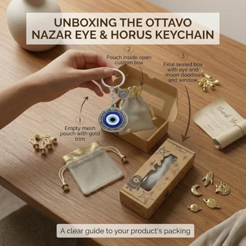 OTTAVO Evil Eye Keychain, Blue Nazar Talisman with Eye of Horus Charm, Greek Key Border, Antique Finish, Metal Key Ring with Premium Mesh Gift Pouch and corrugated box