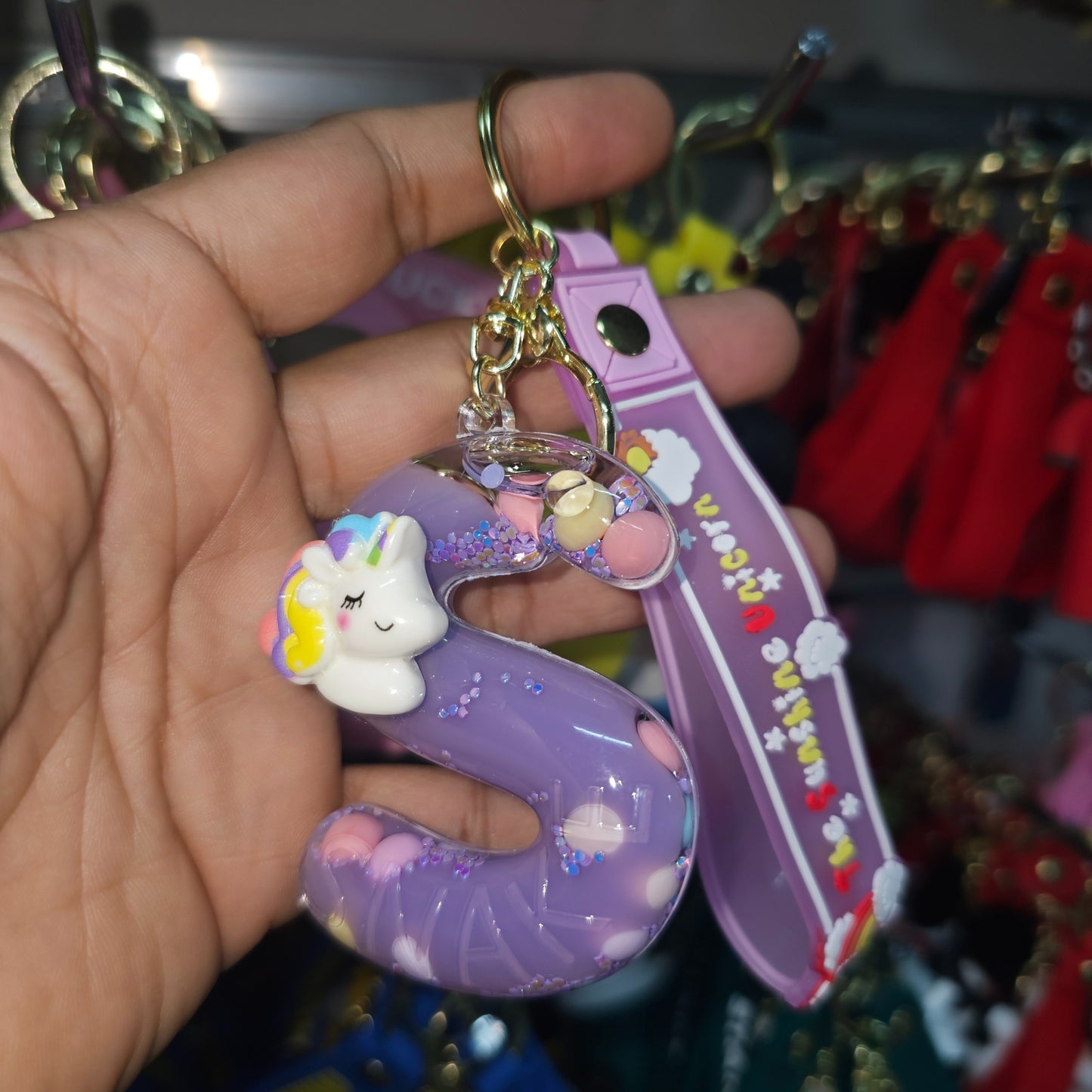 OTTAVO Unicorn Theme Alphabet Letter Glitter Keychain, PVC Water Globe Design, Decorative Bag Charm and Key Ring (Alphabet Letter S)