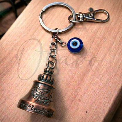 OTTAVO Guardian Bell Keychain for Bike & Car | Tibetan Texture Bell Keychain with Evil Eye & Silver Hook | Good Luck Charm with Laser-Engraved Wooden Gift Box (Dragon Antique Copper)