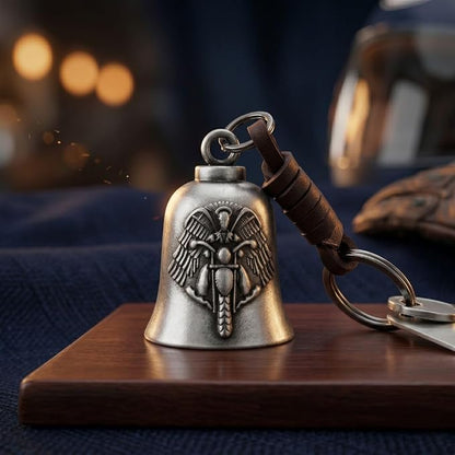 OTTAVO Leather Keychain with Guardian Bell, Winged Biker Embossed Design,Biker Bell Key Holder for Protection and Gift | Good Luck Charm with Laser-Engraved Wooden Gift Box