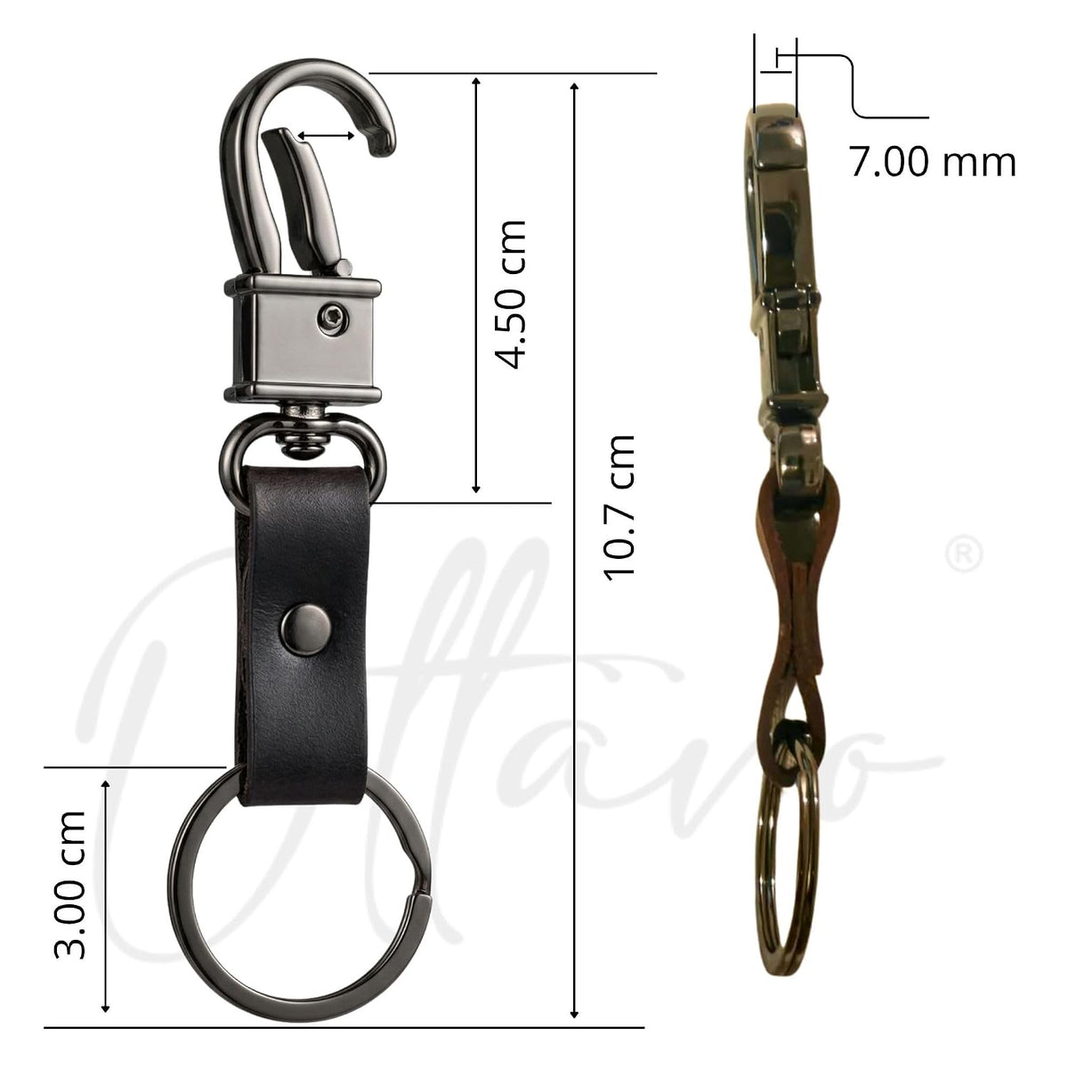 OTTAVO Full Grain Leather Keychain with Carabiner Hook & Key Ring