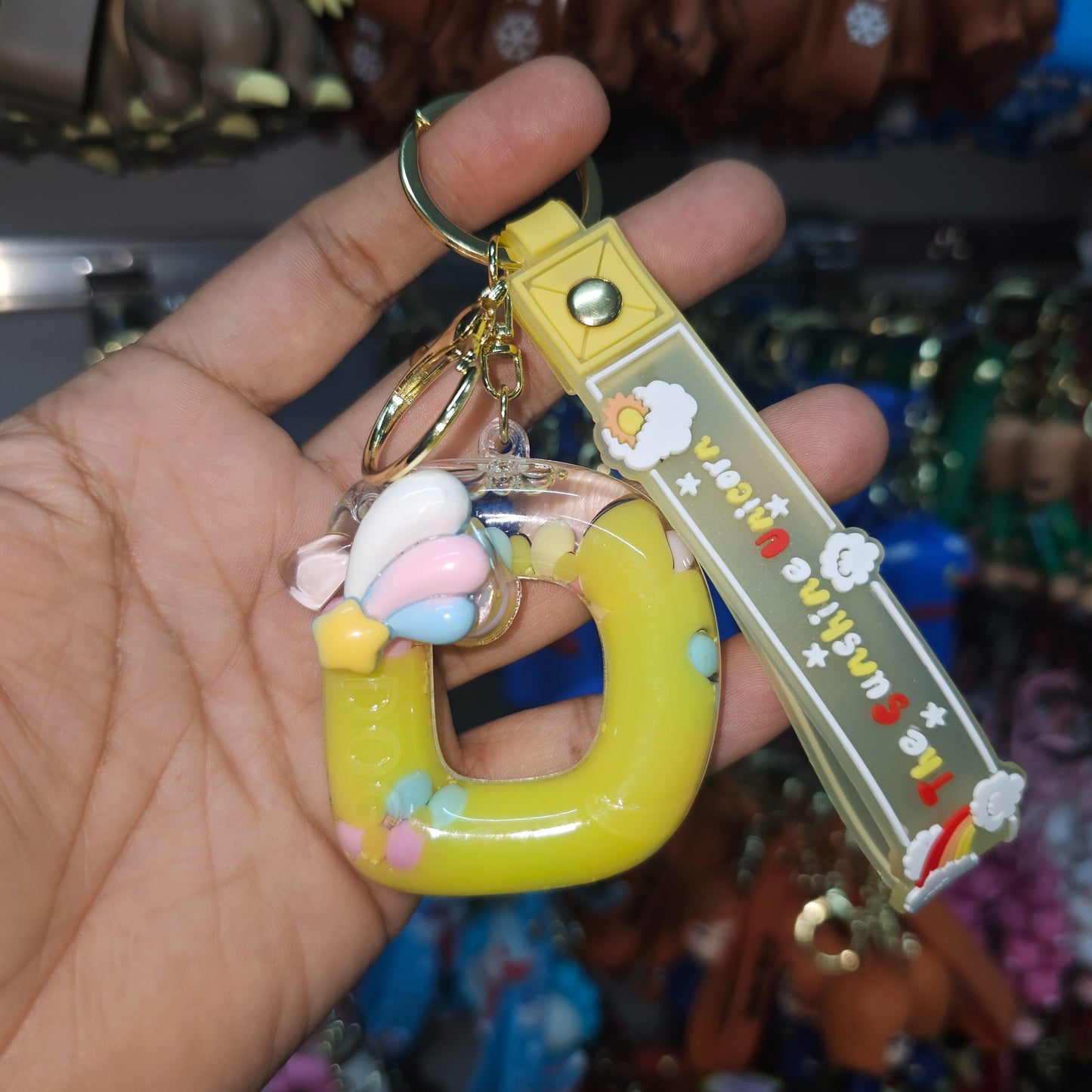 OTTAVO Unicorn Theme Alphabet Letter Glitter Keychain, PVC Water Globe Design, Decorative Bag Charm and Key Ring (Alphabet Letter D)