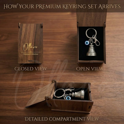 OTTAVO Premium Guardian Bell Keychain for Bike & Car | Tibetan Texture Bell Keychain with Evil Eye & Silver Hook | Good Luck Charm with Laser-Engraved Wooden Gift Box (Antique Silver)