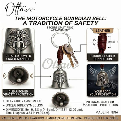 OTTAVO Leather Keychain with Guardian Bell, Winged Biker Embossed Design,Biker Bell Key Holder for Protection and Gift | Good Luck Charm with Laser-Engraved Wooden Gift Box