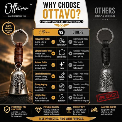 OTTAVO Leather Keychain with Guardian Bell, Winged Biker Embossed Design,Biker Bell Key Holder for Protection and Gift | Good Luck Charm with Laser-Engraved Wooden Gift Box