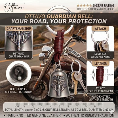 OTTAVO Leather Keychain with Guardian Bell, Winged Biker Embossed Design,Biker Bell Key Holder for Protection and Gift | Good Luck Charm with Laser-Engraved Wooden Gift Box