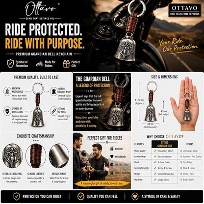 OTTAVO Leather Keychain with Guardian Bell, Winged Biker Embossed Design,Biker Bell Key Holder for Protection and Gift | Good Luck Charm with Laser-Engraved Wooden Gift Box