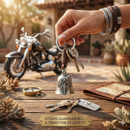 OTTAVO Leather Keychain with Guardian Bell, Winged Biker Embossed Design,Biker Bell Key Holder for Protection and Gift | Good Luck Charm with Laser-Engraved Wooden Gift Box
