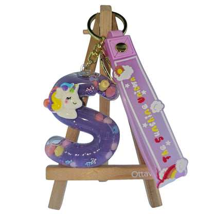 OTTAVO Unicorn Theme Alphabet Letter Glitter Keychain, PVC Water Globe Design, Decorative Bag Charm and Key Ring (Alphabet Letter S)