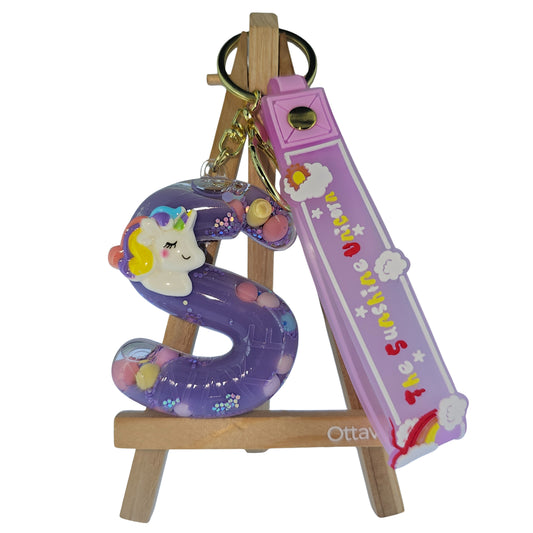 OTTAVO Unicorn Theme Alphabet Letter Glitter Keychain, PVC Water Globe Design, Decorative Bag Charm and Key Ring (Alphabet Letter S)