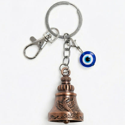 OTTAVO Premium Guardian Bell Keychain for Bike & Car | Tibetan Texture Bell Keychain with Evil Eye & Silver Hook | Good Luck Charm with Laser-Engraved Wooden Gift Box (Antique Copper)