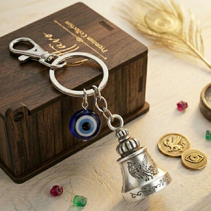 OTTAVO Guardian Bell Keychain for Bike & Car | Tibetan Texture Bell Keychain with Evil Eye & Silver Hook | Good Luck Charm with Laser-Engraved Wooden Gift Box (Dragon Antique Silver)