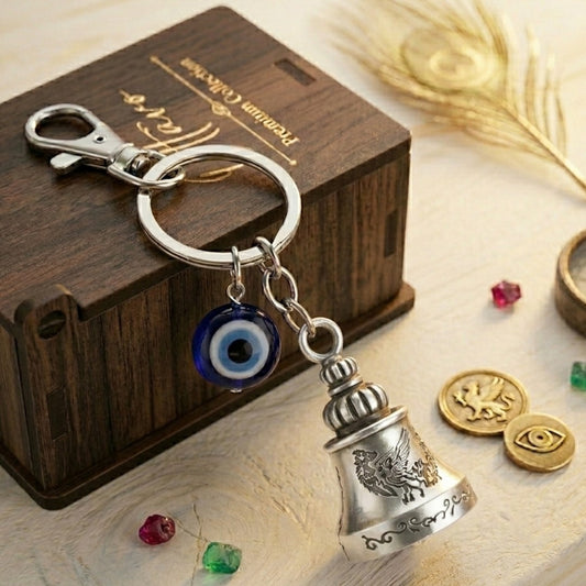 OTTAVO Guardian Bell Keychain for Bike & Car | Tibetan Texture Bell Keychain with Evil Eye & Silver Hook | Good Luck Charm with Laser-Engraved Wooden Gift Box (Dragon Antique Silver)