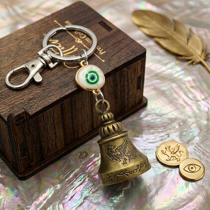 OTTAVO Guardian Bell Keychain with Evil Eye | Laser Engrave Wooden Gift Box