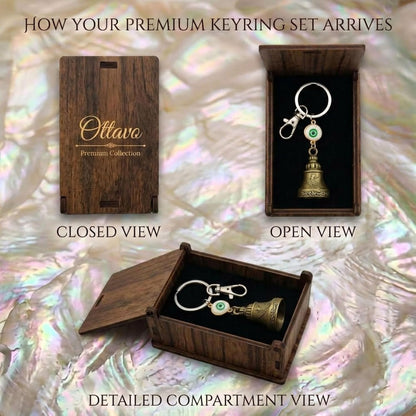 OTTAVO Guardian Bell Keychain with Evil Eye | Laser Engrave Wooden Gift Box