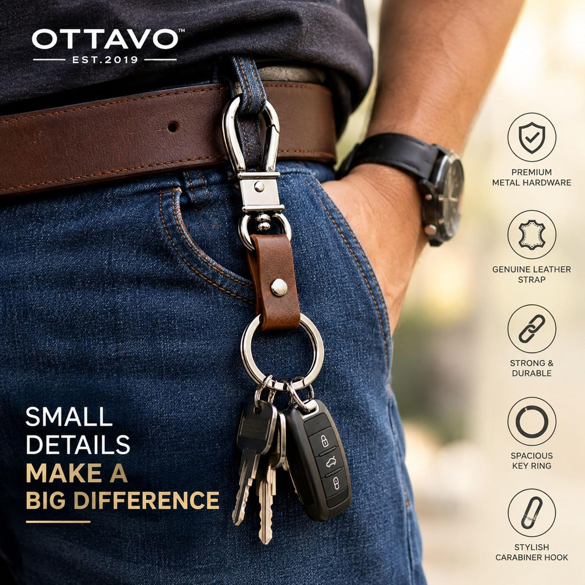 OTTAVO Full Grain Leather Keychain with Carabiner Hook & Key Ring