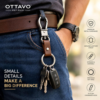 OTTAVO Full Grain Leather Keychain with Carabiner Hook & Key Ring