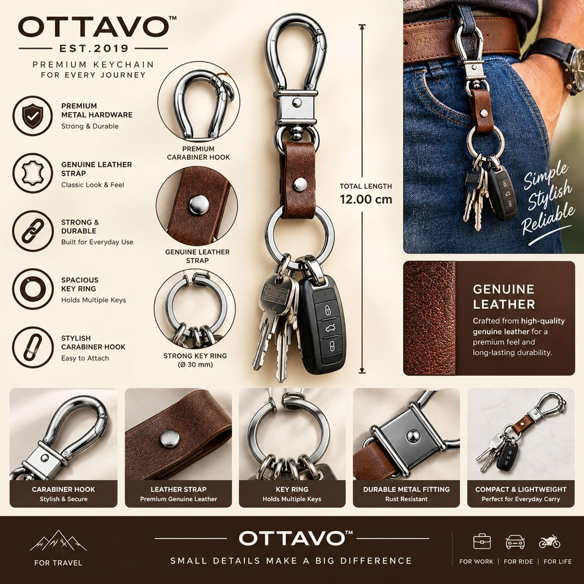 OTTAVO Full Grain Leather Keychain with Carabiner Hook & Key Ring