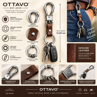 OTTAVO Full Grain Leather Keychain with Carabiner Hook & Key Ring