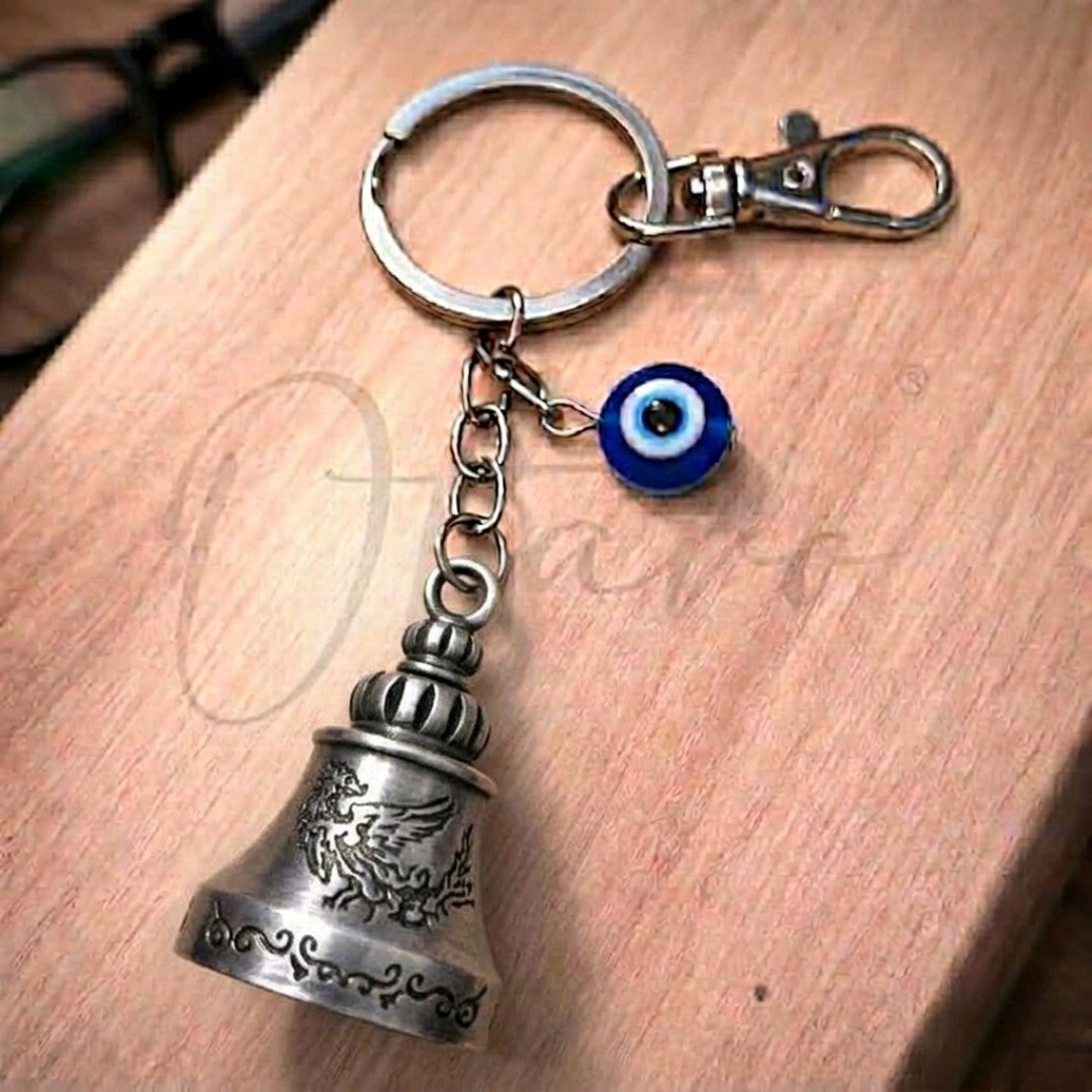OTTAVO Guardian Bell Keychain for Bike & Car | Tibetan Texture Bell Keychain with Evil Eye & Silver Hook | Good Luck Charm with Laser-Engraved Wooden Gift Box (Dragon Antique Silver)