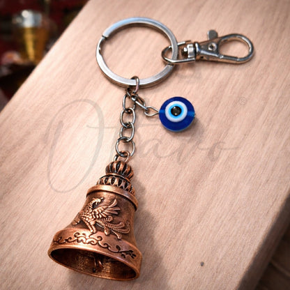 OTTAVO Premium Guardian Bell Keychain for Bike & Car | Tibetan Texture Bell Keychain with Evil Eye & Silver Hook | Good Luck Charm with Laser-Engraved Wooden Gift Box (Antique Copper)