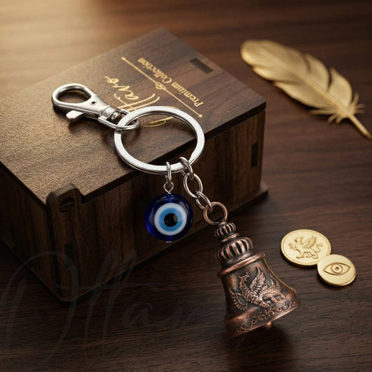 OTTAVO Premium Guardian Bell Keychain for Bike & Car | Tibetan Texture Bell Keychain with Evil Eye & Silver Hook | Good Luck Charm with Laser-Engraved Wooden Gift Box (Antique Copper)