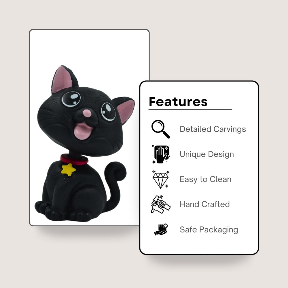 OTTAVO Cat Bobblehead, Dashboard Spring Doll Decoration, Cute Wobble Head Showpiece for Car, Office, Study Table, Black (Black)
