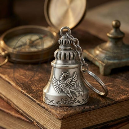 OTTAVO Guardian Bell Keychain, Falcon Oxidized Silver, Tibetan Style, 5 cm Height, Good Luck Charm(Antique Silver Falcon)