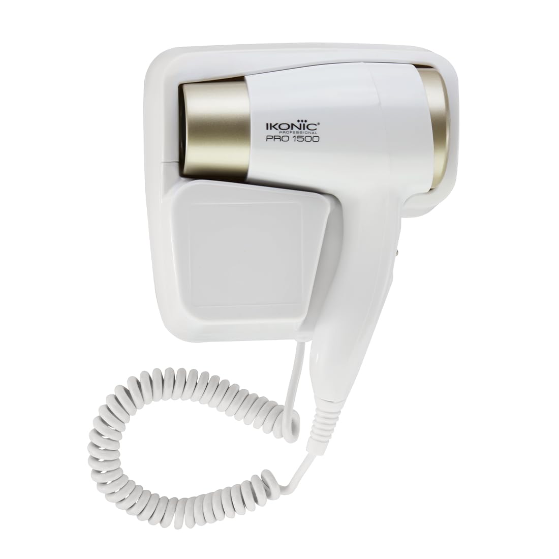 Ikonic Hair Dryer- Pro 1500 White- 500 Watts Wall-Mount Design Spiral Device Cable 2-Speed Setting Low Noise Functioning Versatile Installation