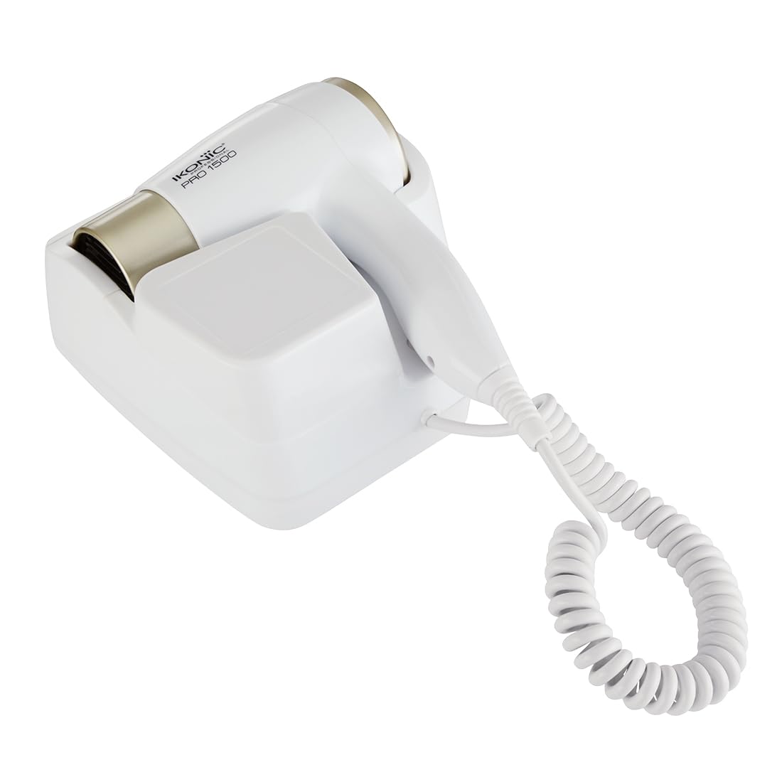 Ikonic Hair Dryer- Pro 1500 White- 500 Watts Wall-Mount Design Spiral Device Cable 2-Speed Setting Low Noise Functioning Versatile Installation