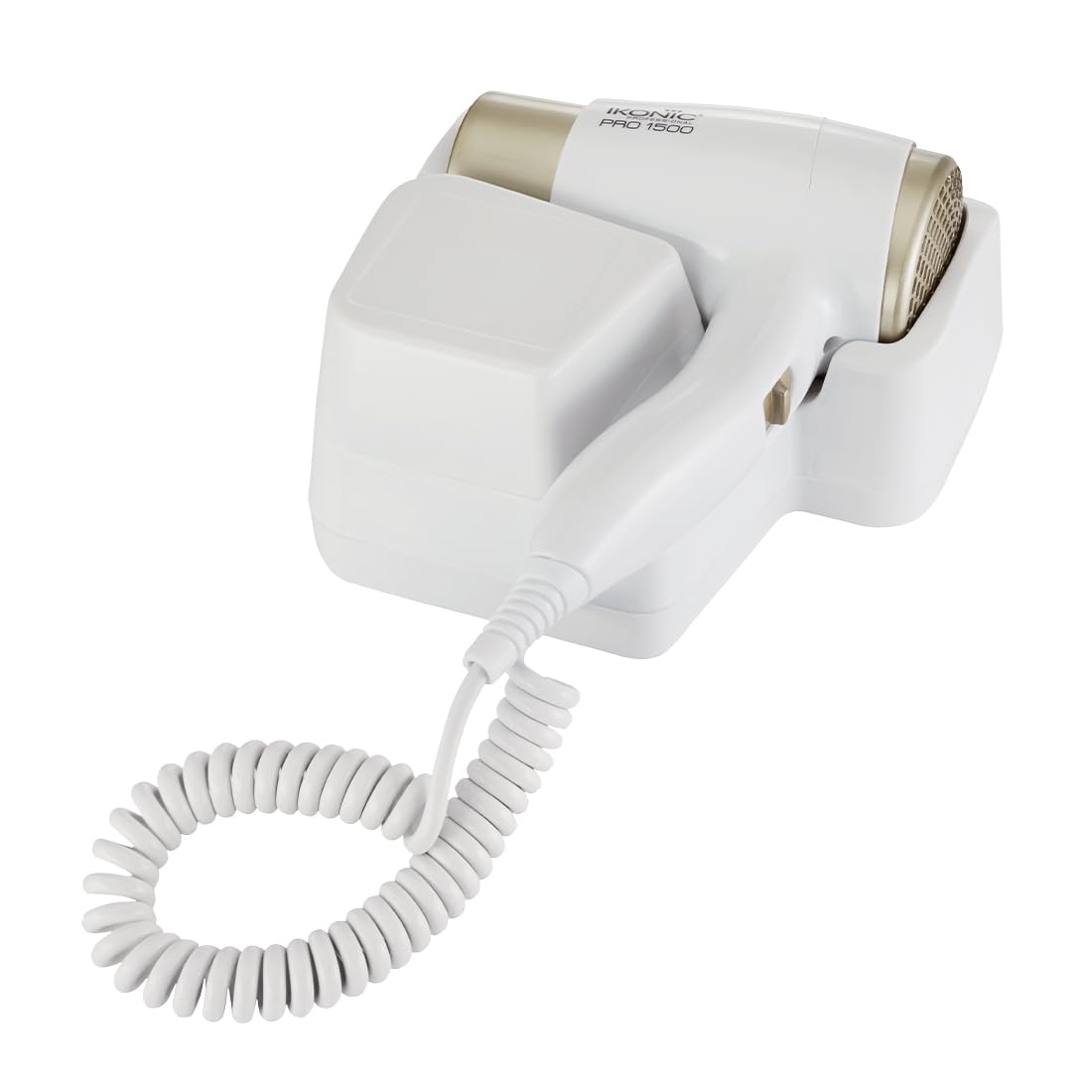 Ikonic Hair Dryer- Pro 1500 White- 500 Watts Wall-Mount Design Spiral Device Cable 2-Speed Setting Low Noise Functioning Versatile Installation